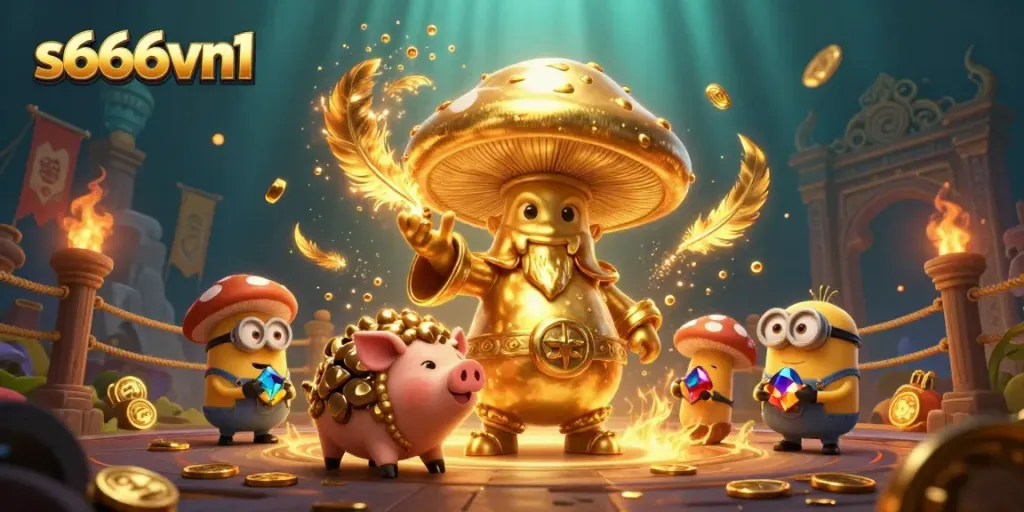 Engage in thrilling action with S666vn1, featuring a golden mushroom wizard and treasure-seeking companions.