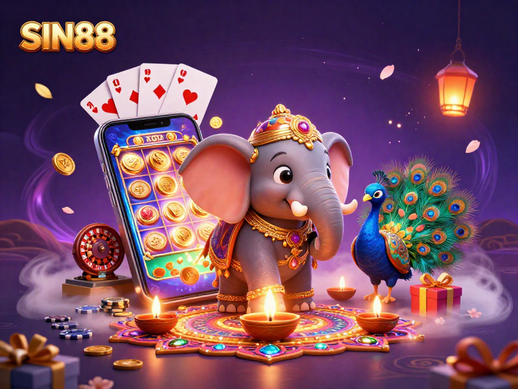 SIN88 captivates players with a vibrant Diwali-themed casino scene filled with dynamic gaming action.