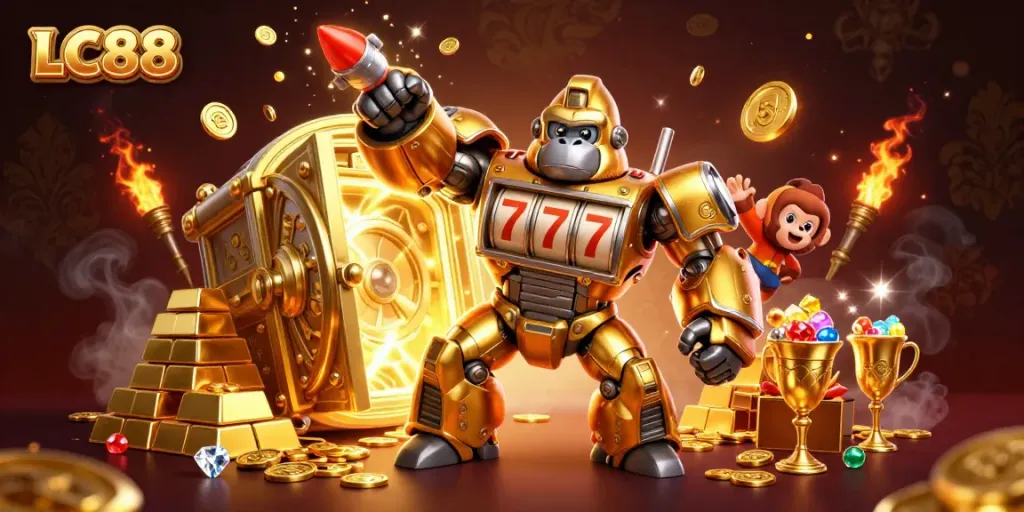 LC88 gaming scene featuring a golden mech and treasure, symbolizing exciting online casino experiences.