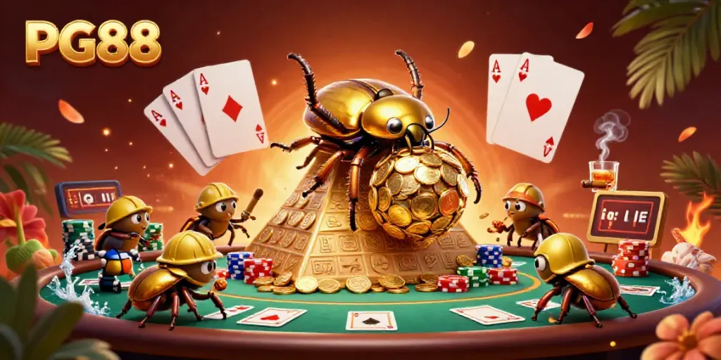 Join the fun at PG88, featuring a dynamic scene of cartoon golden dung beetles celebrating casino wins!