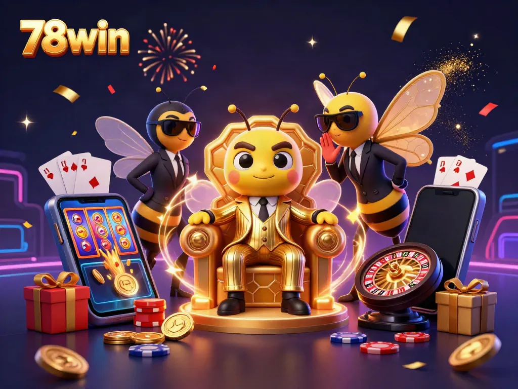 Experience thrilling wins with 78win: A vibrant 3D illustration showcasing the excitement of casino gaming.