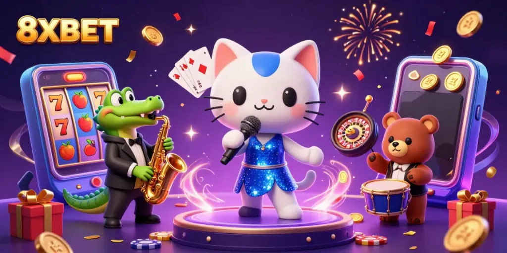 Experience vibrant entertainment at 8XBET with a whimsical casino scene featuring lively characters.