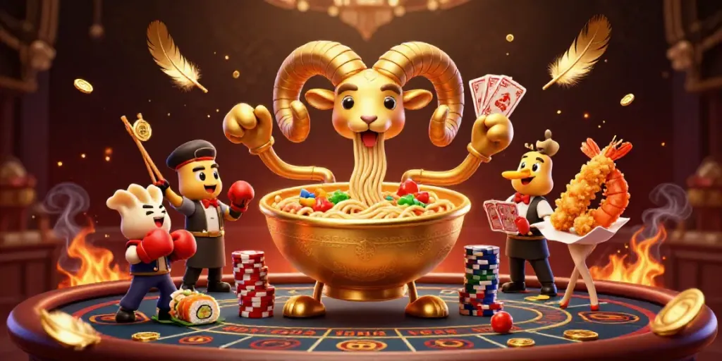 B52CLUB's lively casino atmosphere with a giant ramen bowl character dealing cards and joyful casino elements.