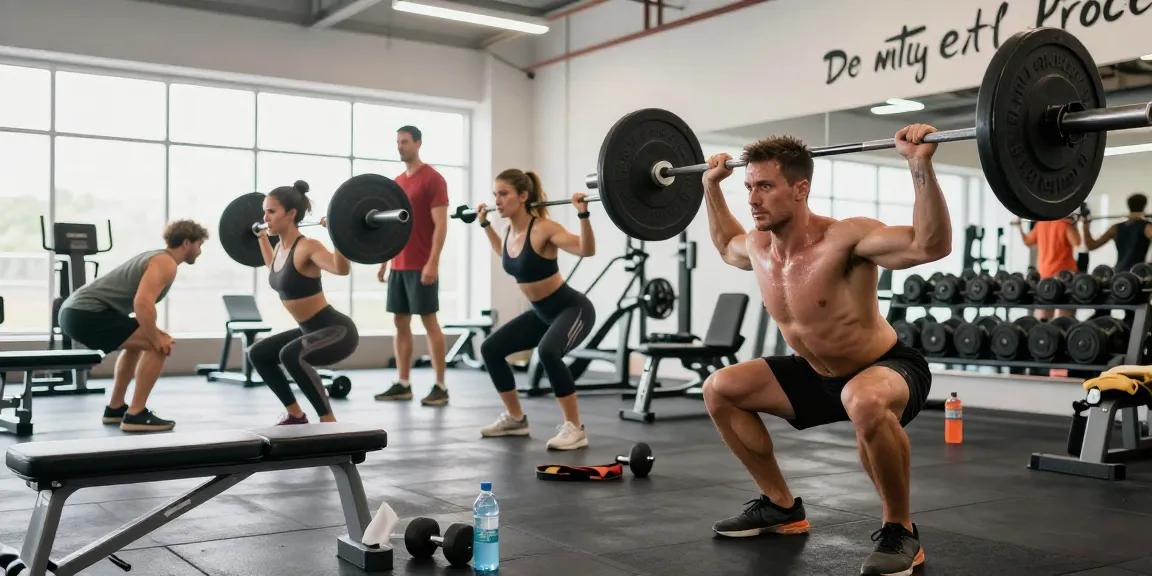 Prime Pharma Steroiden training scene with diverse bodybuilders lifting weights in a bright gym.