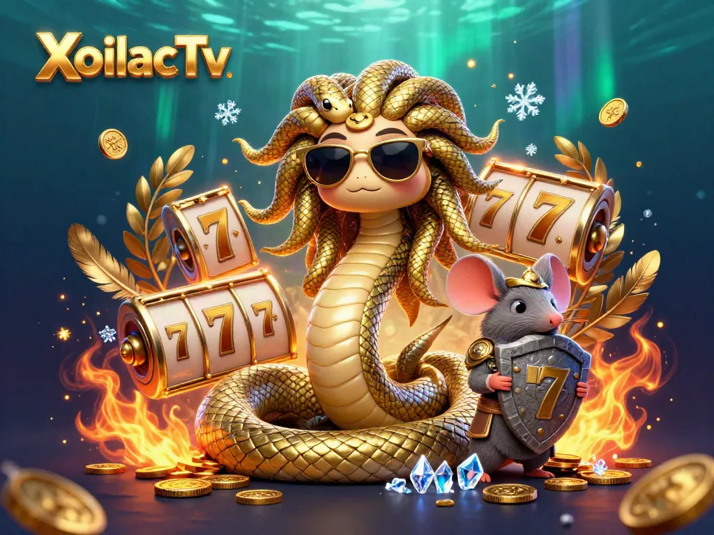 XoilacTv showcases a vibrant 3D casino illustration filled with golden coins, slot reels, and mythical characters.