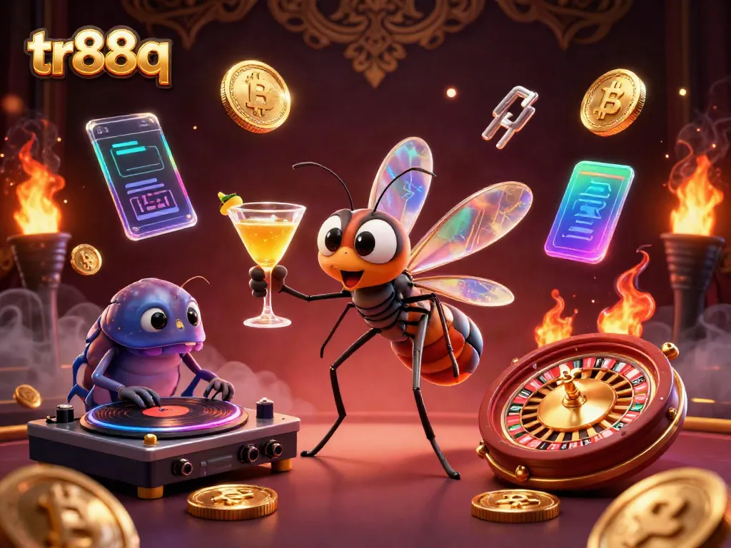 Experience thrilling gaming with tr88q, showcasing a vibrant casino scene full of animated characters and crypto elements.