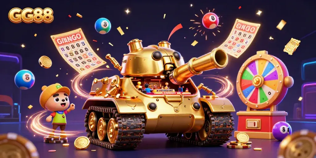 Experience thrilling moments at GG88 with a dynamic scene featuring a golden casino tank and lottery elements.