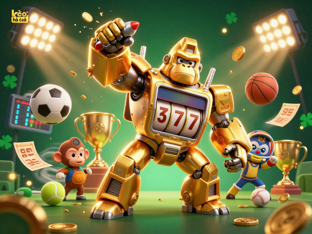 Experience kèo nhà cái with a golden gorilla mech amidst dynamic sports elements and exciting betting visuals.