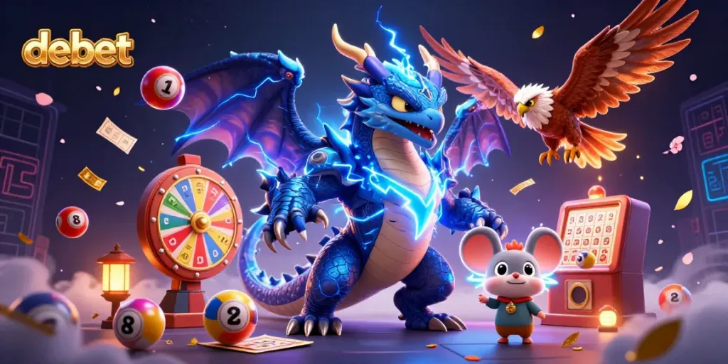 Catch winning moments with debet, featuring dynamic lottery balls and mystical characters in a vibrant casino scene.