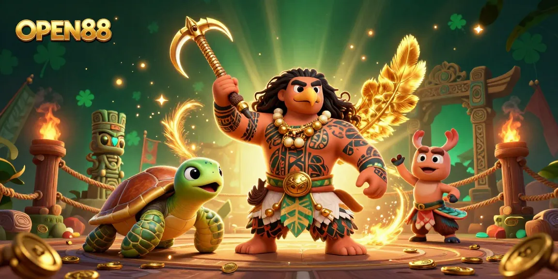Bet and win with OPEN88 in a vibrant scene featuring rich casino elements and playful characters.