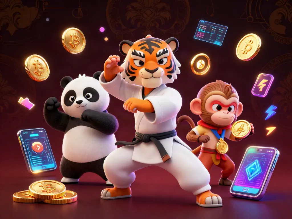 Engage with s88 in this vibrant 3D scene featuring kung fu characters amidst a crypto-themed casino.