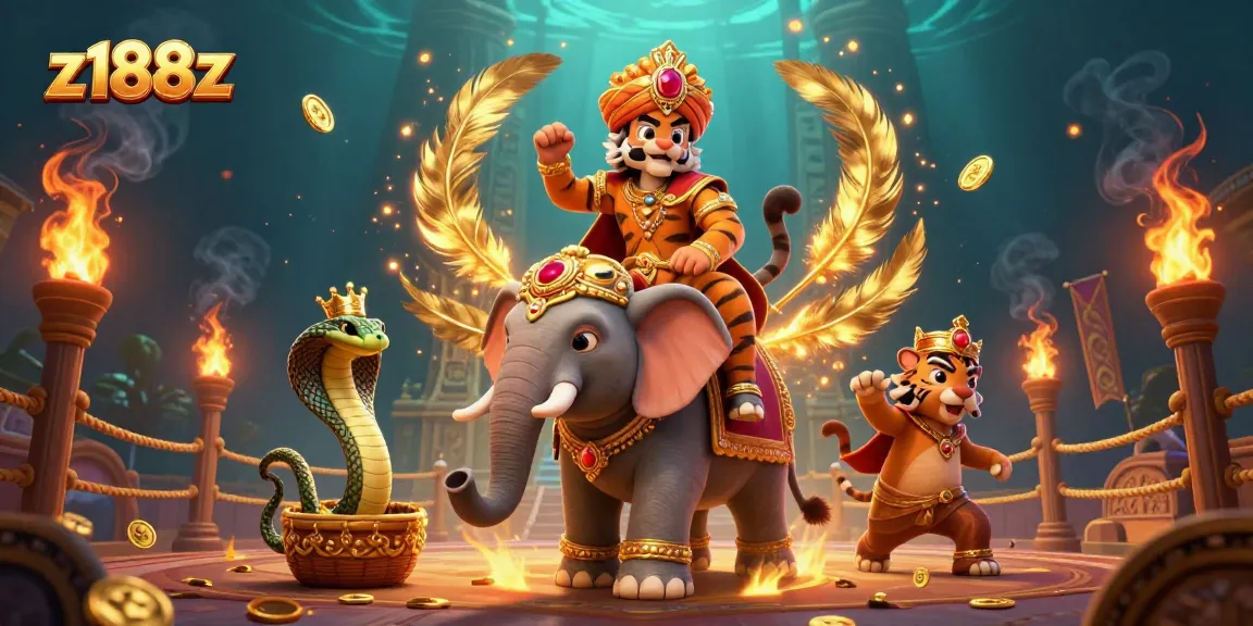 Experience a thrilling moment at z188z with an Indian maharaja and elephant amidst a vibrant casino environment.