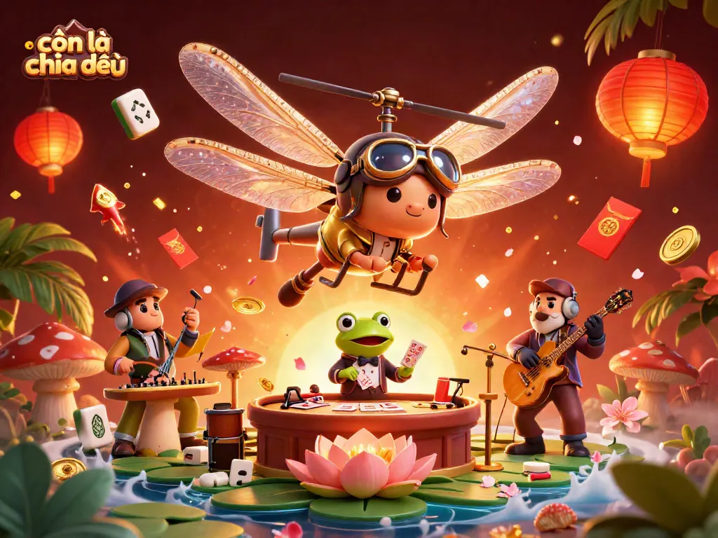 Experience the vibrant action in a casino scene with "còn lại chia đều" featuring a dynamic dragonfly pilot, froggy dealer, and jazzy cricket musicians.