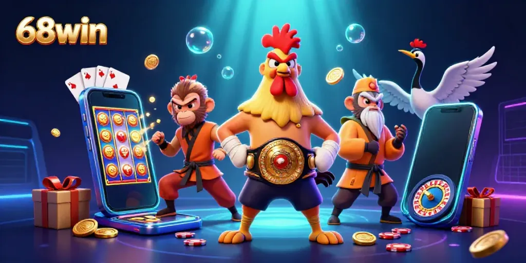 Experience thrilling adventures with 68win's vibrant online casino characters amidst stunning gaming elements.