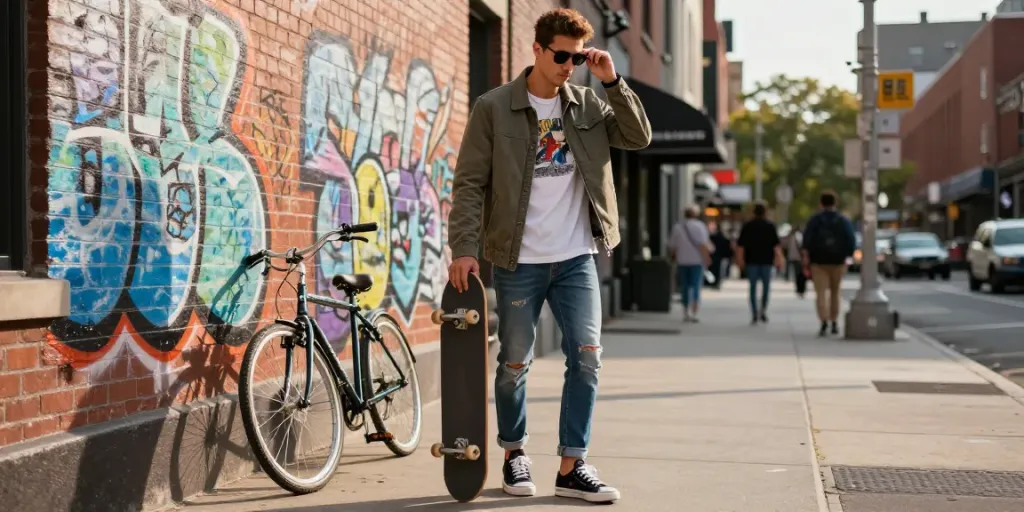 Stijlvolle man in casual herenkleding met skateboard in bruisende stad.