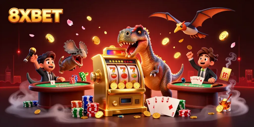 8XBET illustration of a pachycephalosaurus winning a jackpot with golden coins at an exciting online casino.