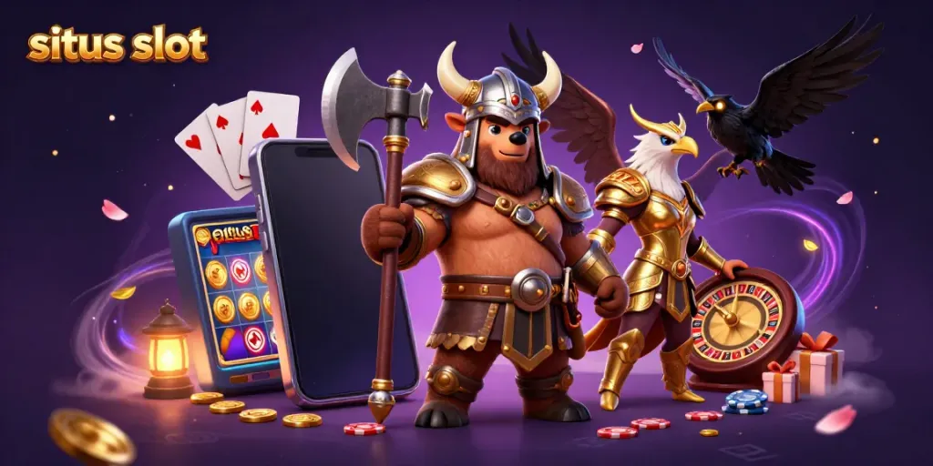 Experience the thrill of situs slot with vibrant characters and dynamic gambling elements in an engaging 3D scene.