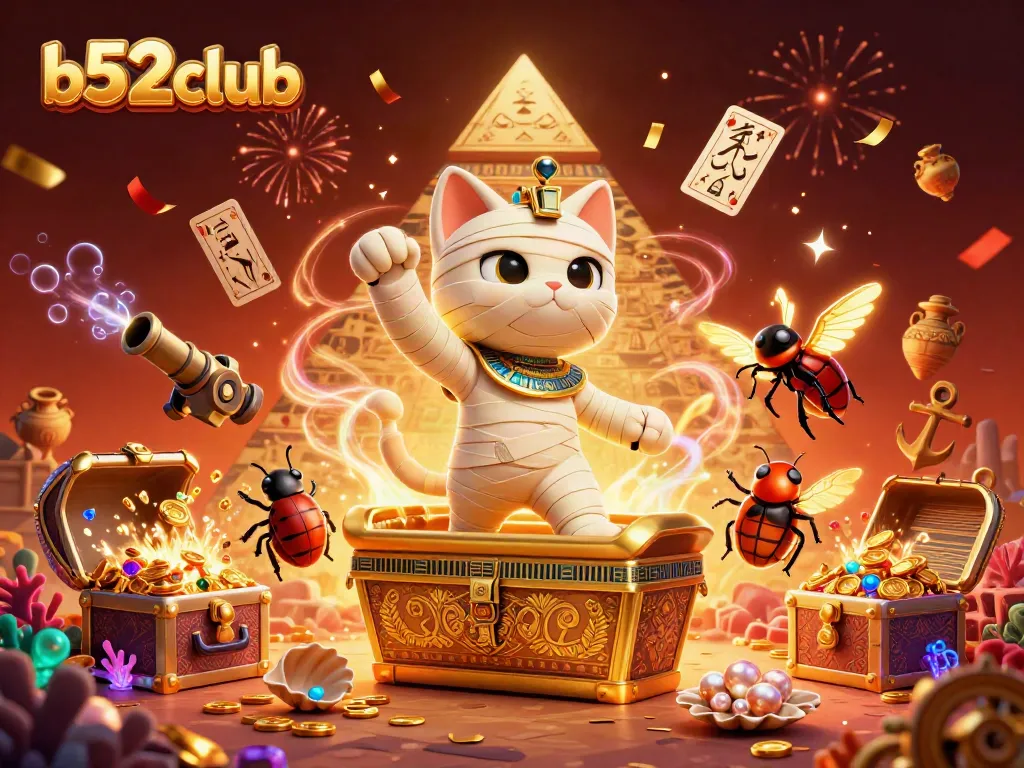 Experience the thrill of gaming at b52club with a vibrant Egyptian-themed casino illustration.