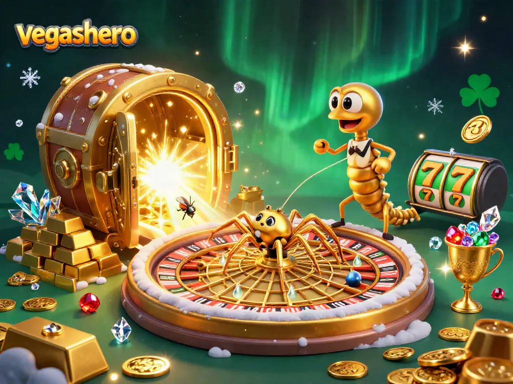Experience the thrill of gambling at vegashero, where a spider spins roulette with golden treasures and jewels galore.