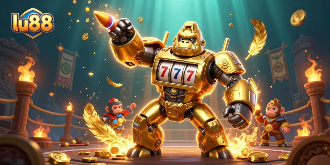 Experience thrilling wins at lu88 with a dynamic 3D cartoon scene of mech beasts and gambling elements.