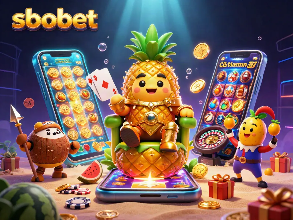 Mengakses sbobet melalui aplikasi yang menampilkan slot yang berputar, dikelilingi peti hadiah dan koin emas.