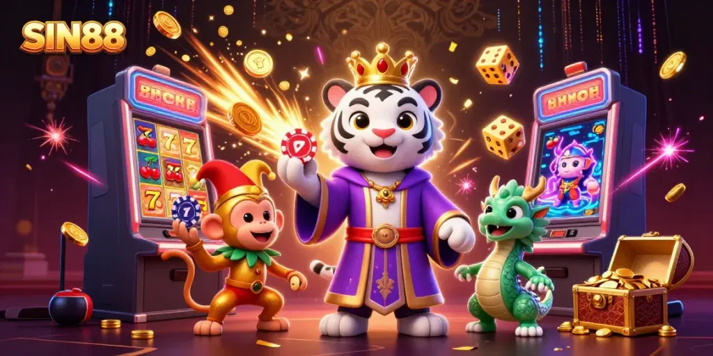 SIN88 showcases a thrilling scene with a white tiger, a jester monkey, and a jade dragon in a vibrant casino atmosphere.