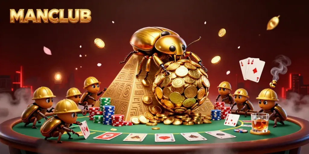 Engage in thrilling gaming action at MANCLUB with golden beetles and casino elements.