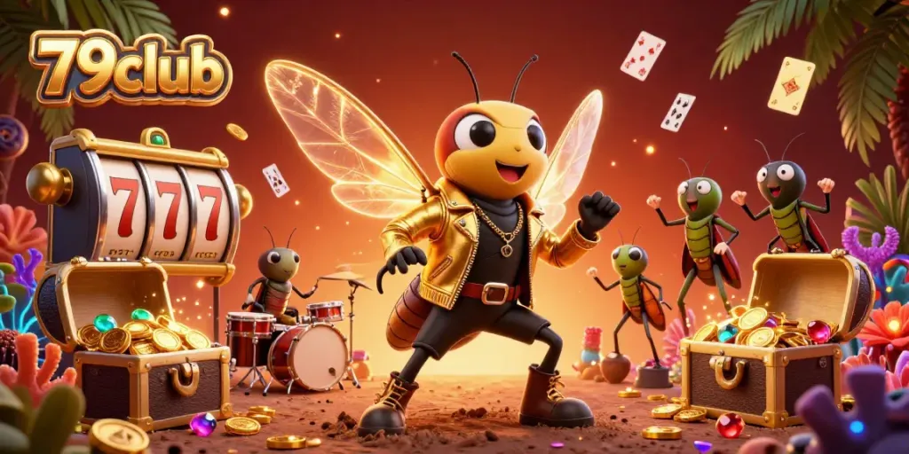 Engage in thrilling gameplay at 79club with a vibrant 3D scene showcasing a cartoon rock star and colorful casino elements.