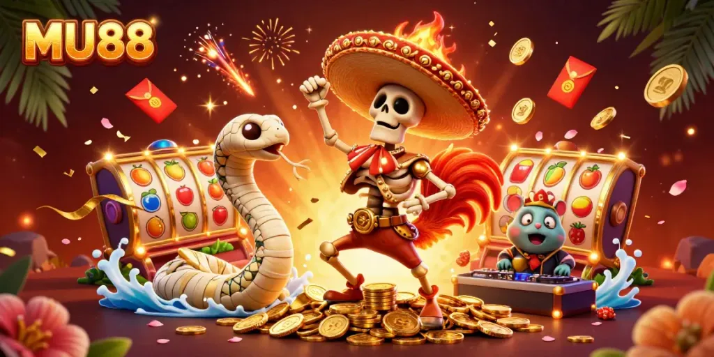 Experience the thrill of MU88 with a vibrant victory dance by the mariachi rooster amidst golden coins and festive casino elements.