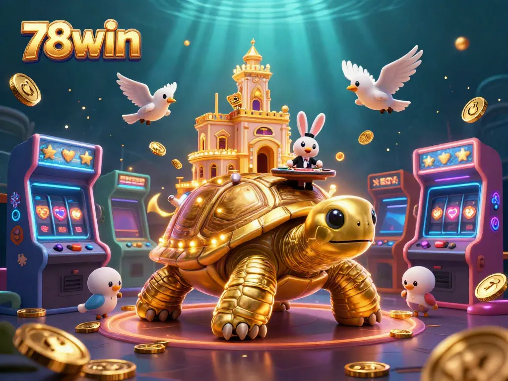 Experience thrilling gaming action with 78win's vibrant 3D illustration of a casino world.