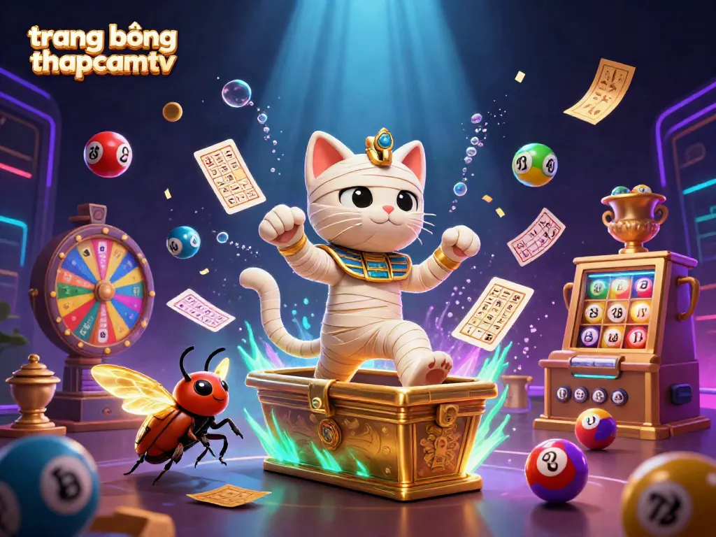 Experience the excitement of trang bóng thapcamtv with floating lottery balls and vibrant casino elements in a dynamic scene.