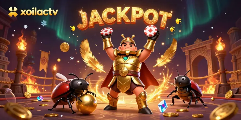 Xoilactv's colorful illustration shows a hercules beetle in gladiator armor lifting a poker chip, representing online gambling excitement.