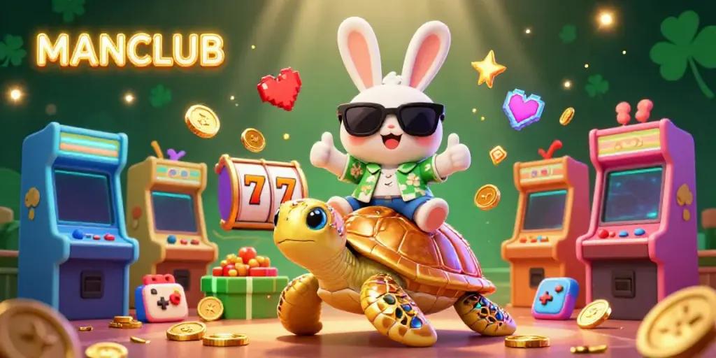 Experience the thrill of MANCLUB with vibrant casino dynamics in a playful 3D illustration.