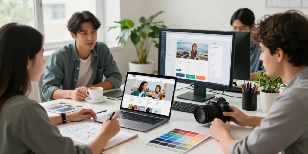 Website laten maken in een modern webdesign studio met een creatief team die samenwerkt aan een prachtig ontwerp.