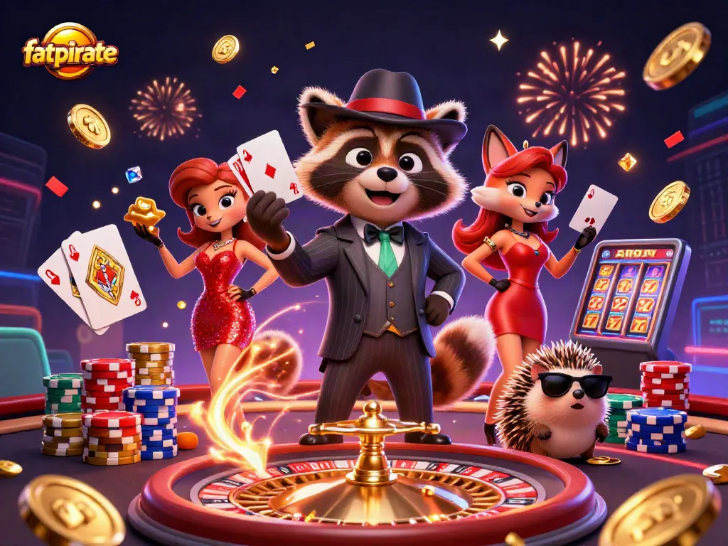 Experience the excitement at fatpirate casino with vibrant characters, royal flush, and dynamic casino elements.