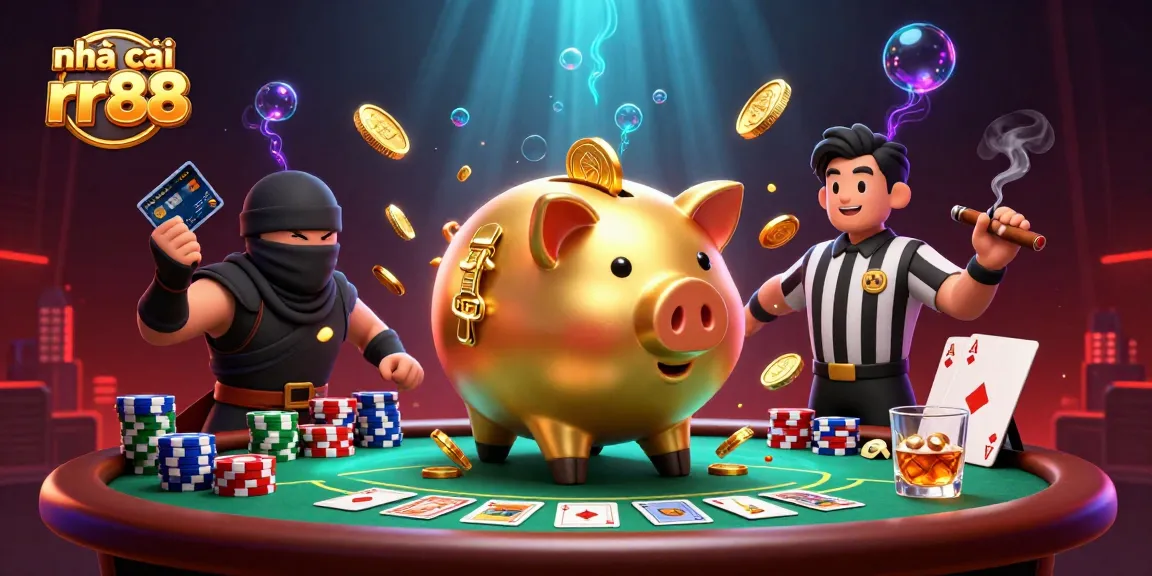 Engage in the dynamic scene of nhà cái rr88 with gold coins flying, as a sumo wrestler piggy bank and ninja face off amidst a poker table.