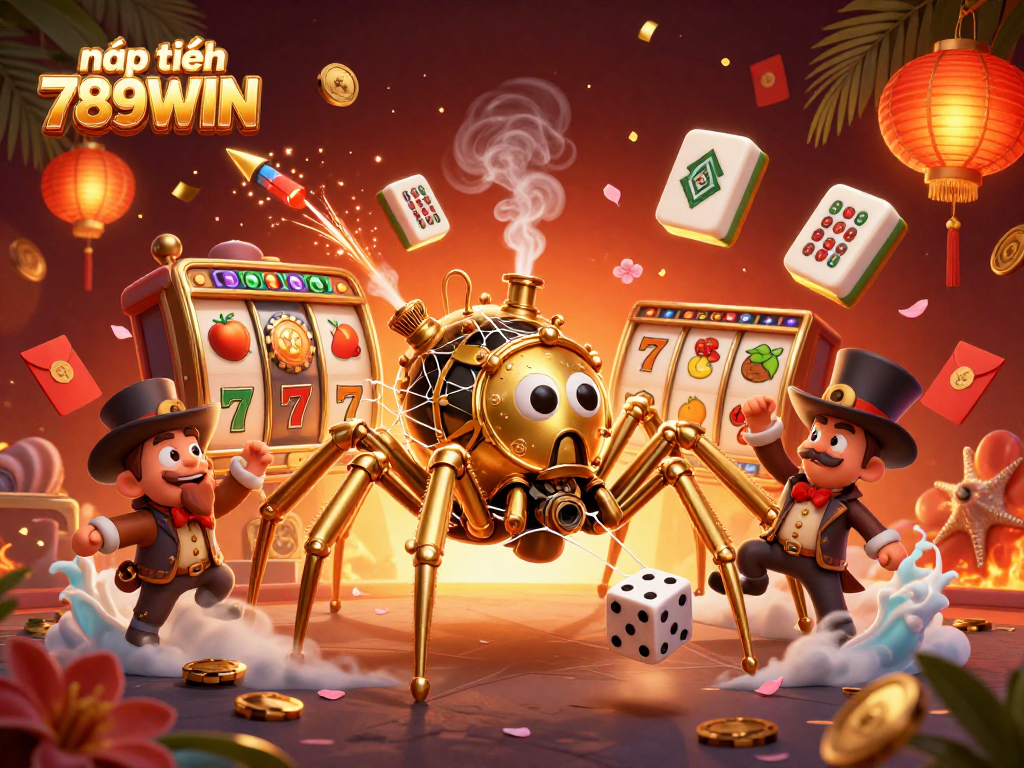 Catch dice in the web while celebrating nạp tiền 789WIN at a vibrant casino scene.