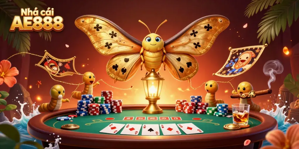 Experience the vibrant world of Nhà cái AE888 with a majestic atlas moth and casino scenes.