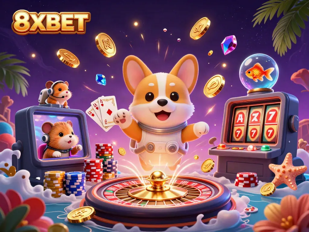 Experience the excitement of 8XBET as a playful astronaut corgi floats in a vibrant space casino.