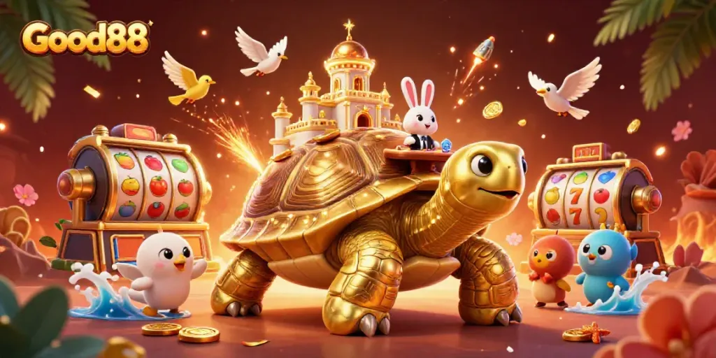 Experience the excitement of Good88 with colorful slot reels, a golden tortoise, and a vibrant casino scene.