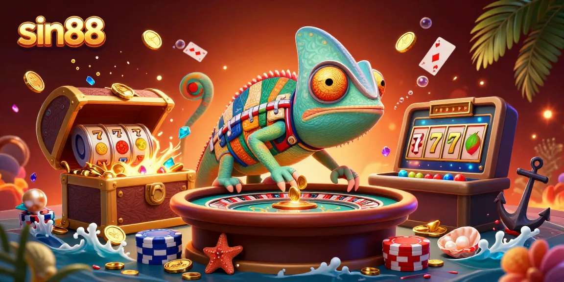 Join the sin88 casino adventure with a vibrant chameleon and gold treasures!