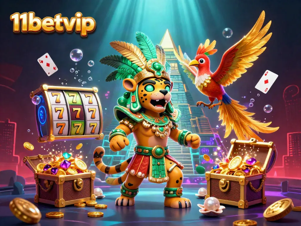 Experience the thrill of 11betvip with engaging slot games and vibrant characters in a vivid casino scene.
