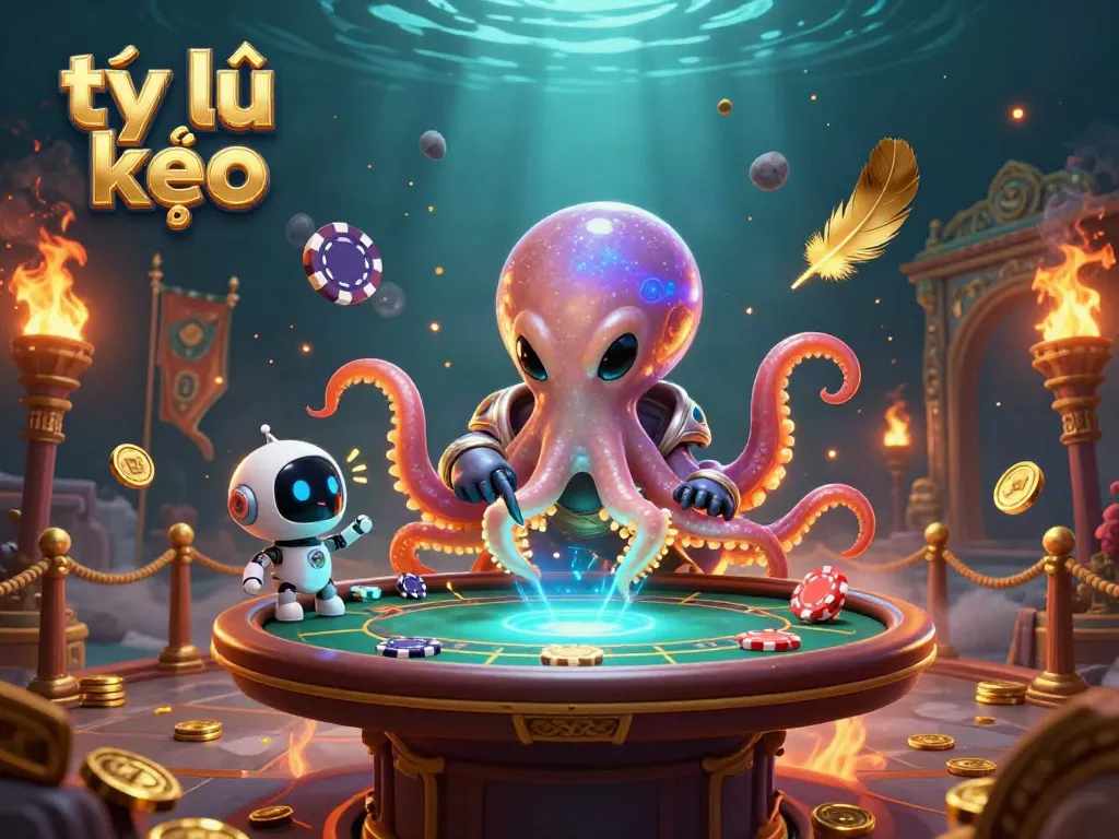 Engaging illustration of dynamic alien octopus handling poker elements in a vibrant casino environment, showcasing tỷ lệ kèo.