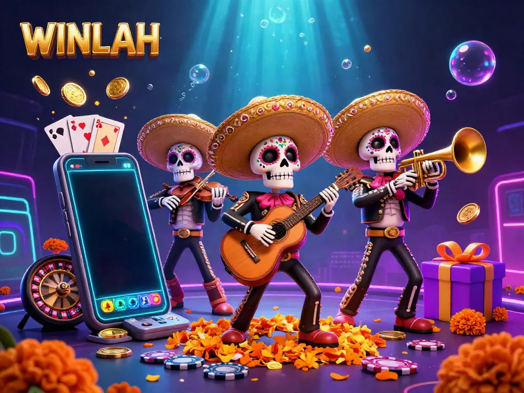 Play exciting slot games at WINLAH with colorful casino elements and a mariachi band illustration.