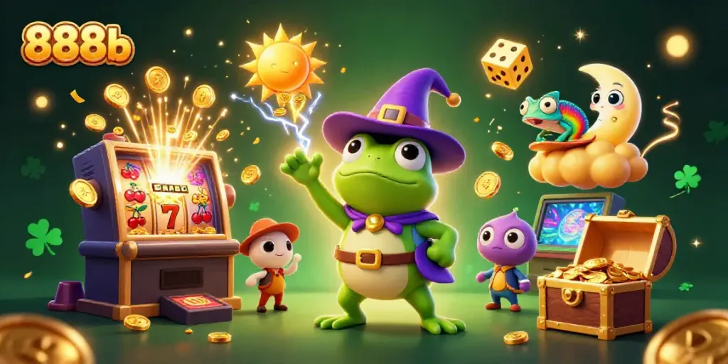 Engage in the vibrant excitement of 888b as golden coins rain down in a magical casino environment.