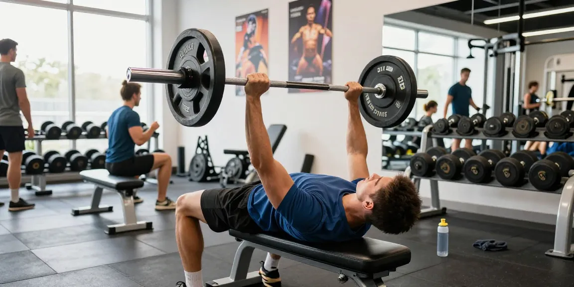 Prime Pharma Steroiden showcasing an athlete engaging in a powerful bench press at a modern gym.