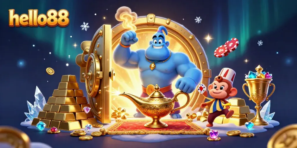 Engage with hello88's exciting online casino experience featuring vibrant characters and casino elements.