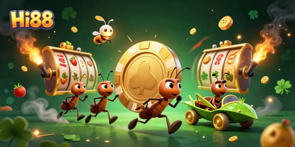 Hi88 illustrated team of ants heisting a golden poker chip and slot elements dynamically surrounding them.