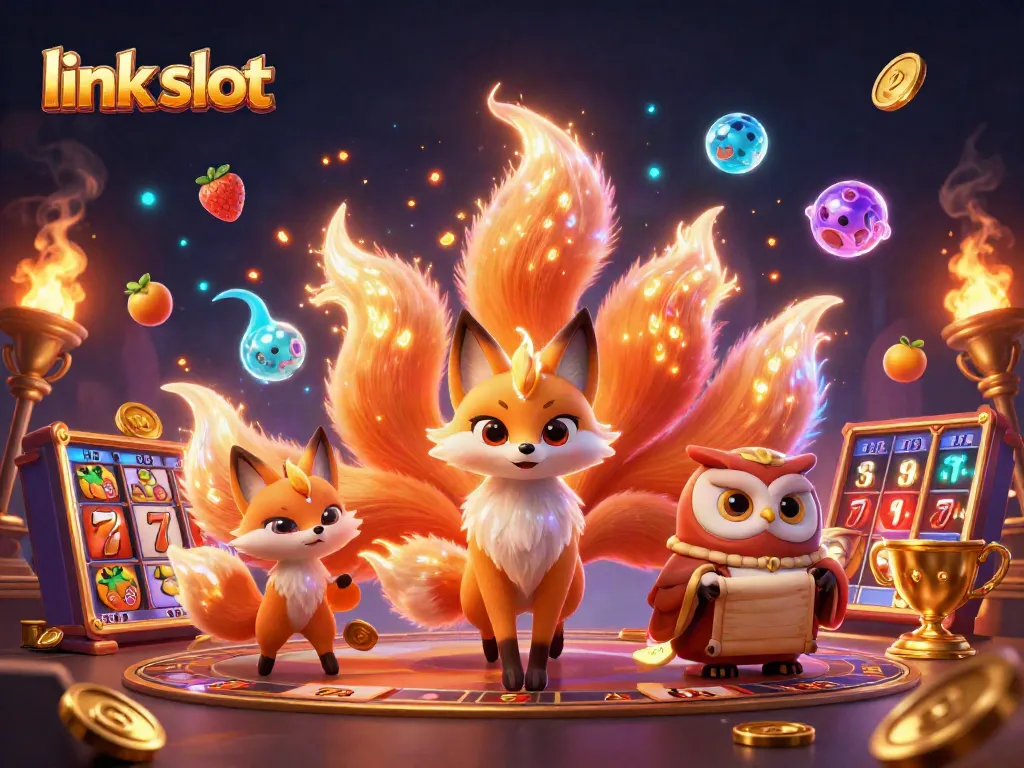 Tampilkan slot dengan link slot dan karakter menarik dalam ilustrasi berwarna-warni yang menggembirakan.