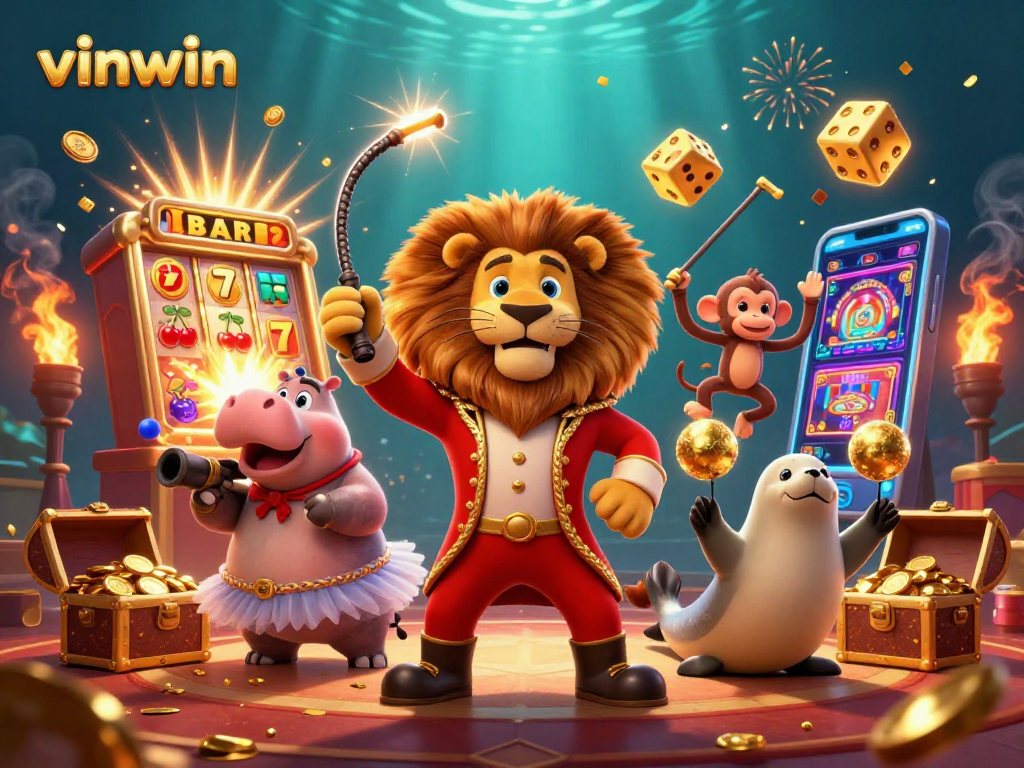 Experience vibrant casino fun with vinwin's dynamic gaming scene featuring slot elements and playful characters.